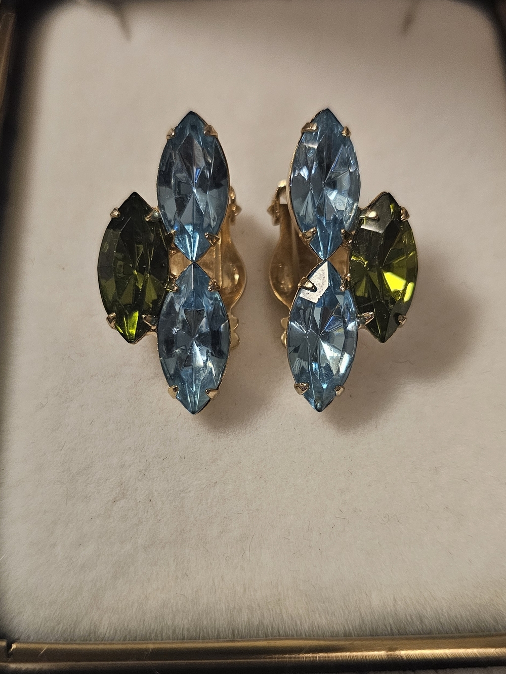 Vintage Gold-Tone Clip Earrings with Blue and Olive Marquise Stones